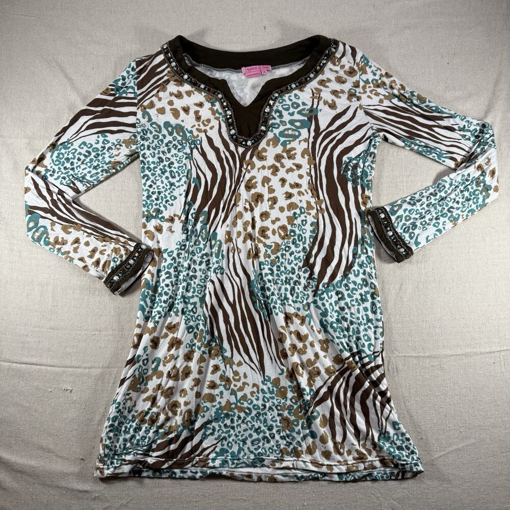 Joyous & Free Womens M Animal Print Tunic Top Jeweled Beaded Long Sleeve Boho